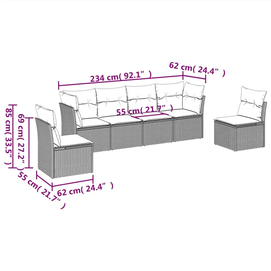 Salon de jardin 6 pcs avec coussins noir résine tressée - 3