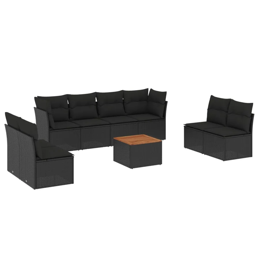 Salon de jardin 9 pcs avec coussins noir résine tressée - 2