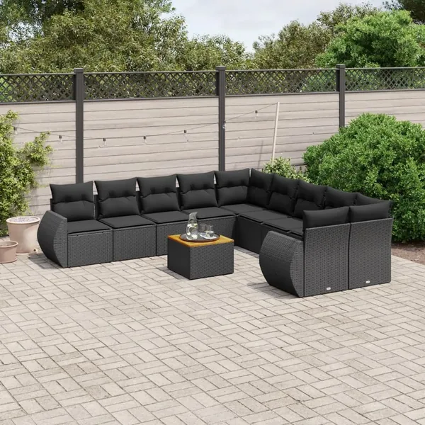 Salon de jardin 11 pcs avec coussins noir résine tressée