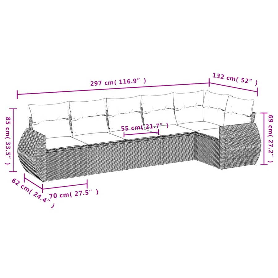 Salon de jardin 6 pcs avec coussins noir résine tressée - 7