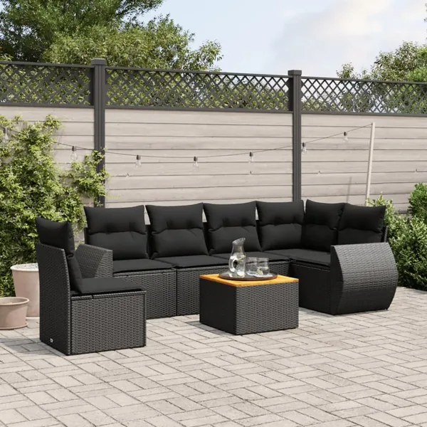 Salon de jardin 7 pcs avec coussins noir résine tressée 62 x 62 x 69 cm - 55,3 kg