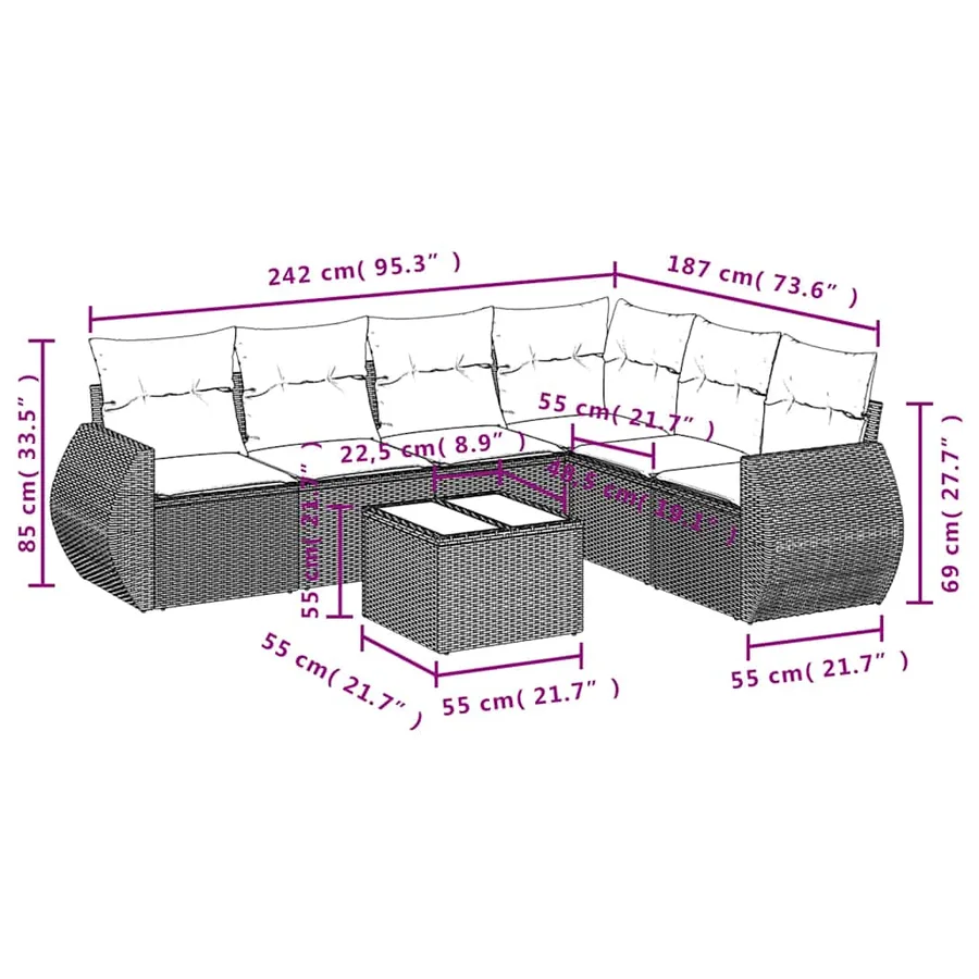 Salon de jardin 7 pcs avec coussins noir résine tressée 62 x 62 x 69 cm - 56,1 kg - 8