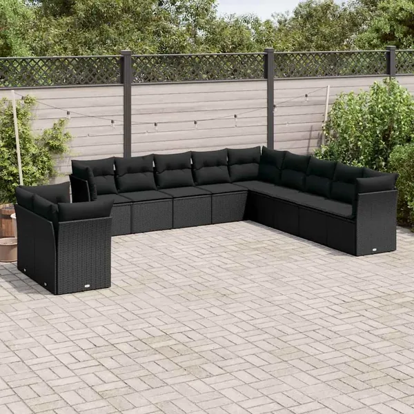 Salon de jardin 11 pcs avec coussins noir résine tressée