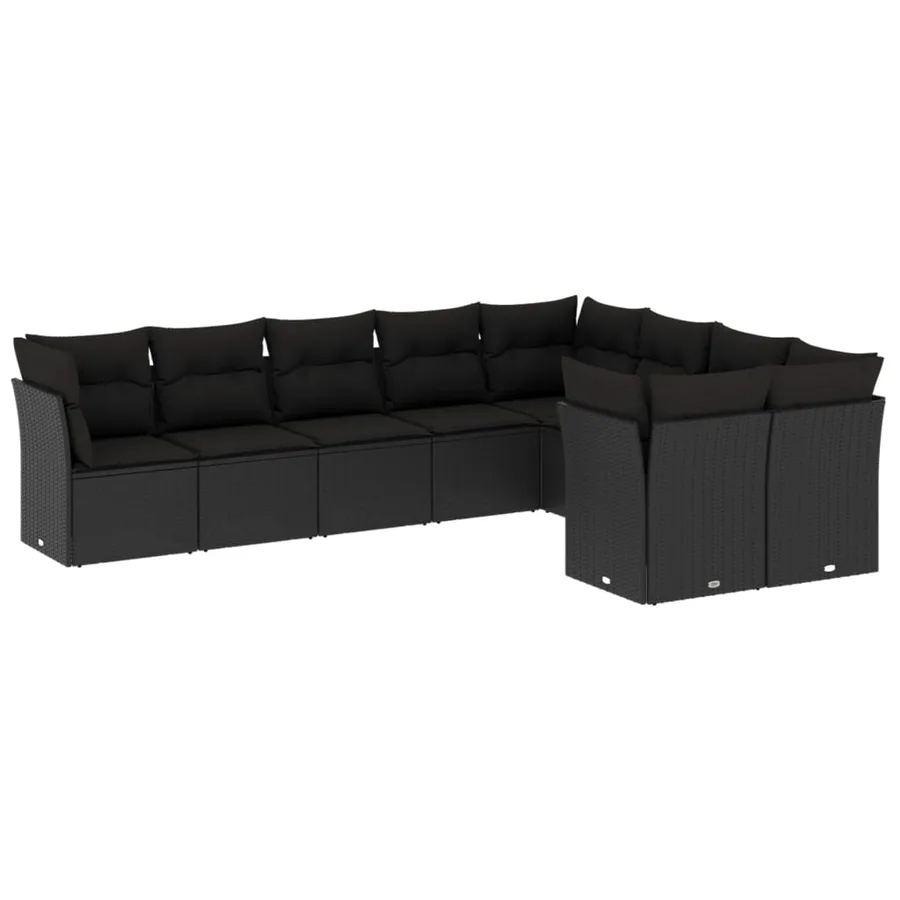 Salon de jardin 9 pcs avec coussins noir résine tressée - 2