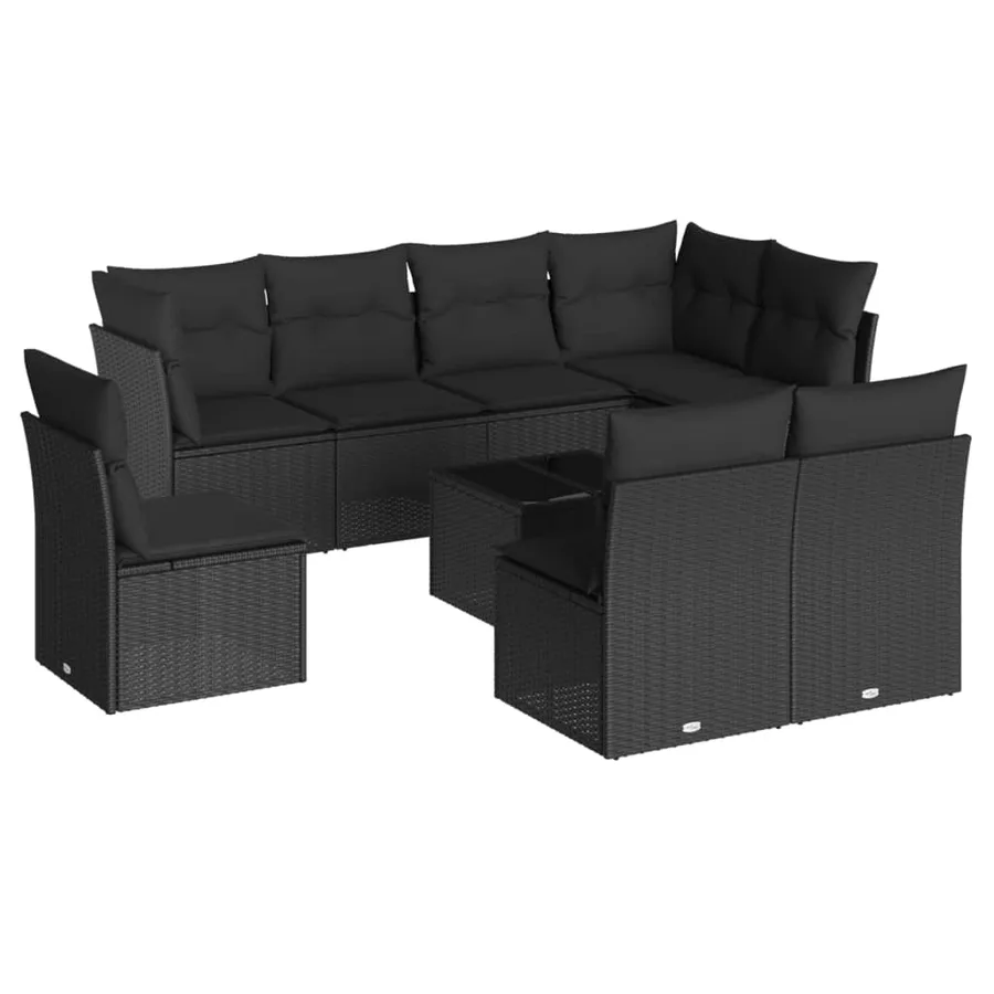 Salon de jardin 9 pcs avec coussins noir résine tressée - 2