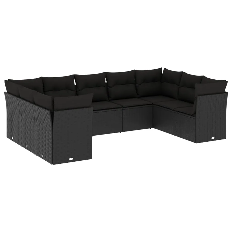 Salon de jardin 9 pcs avec coussins noir résine tressée - 2