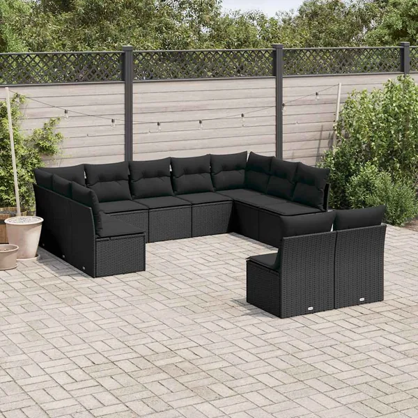 Salon de jardin 11 pcs avec coussins noir résine tressée