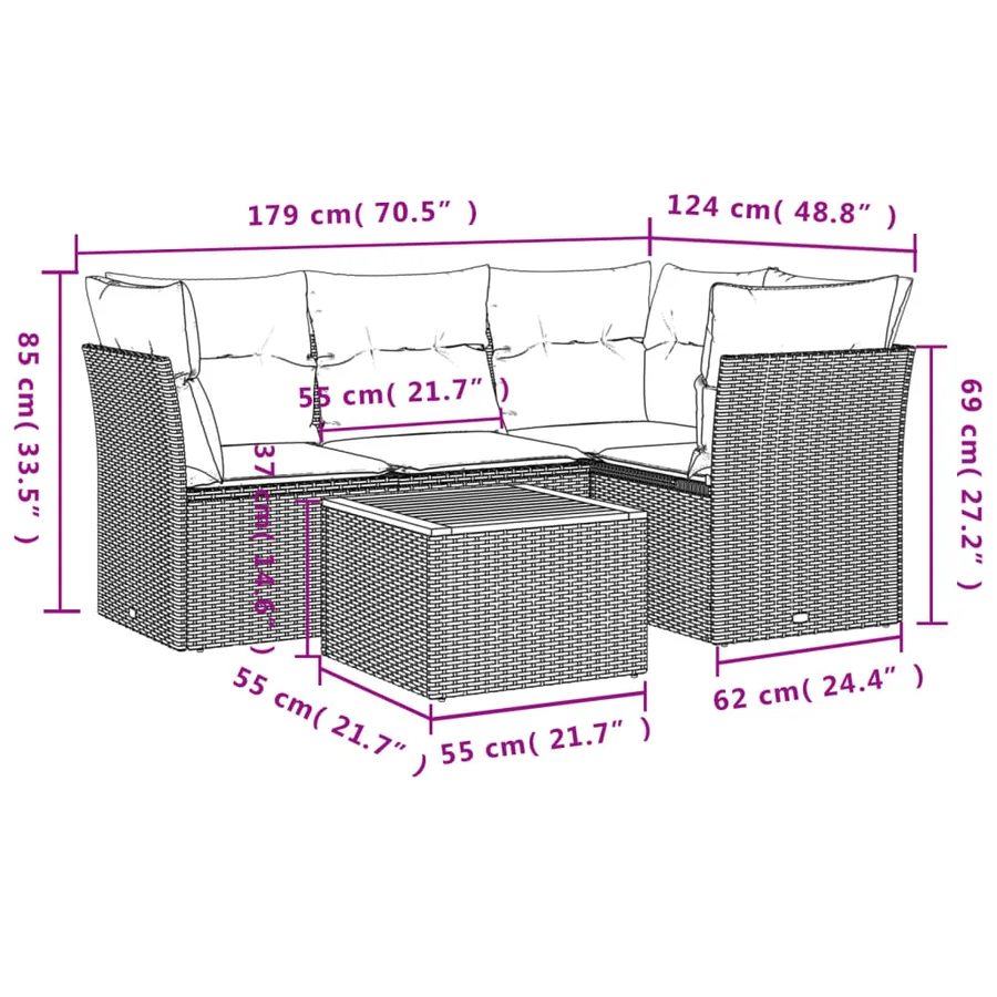 Salon de jardin 5 pcs avec coussins noir résine tressée - 3