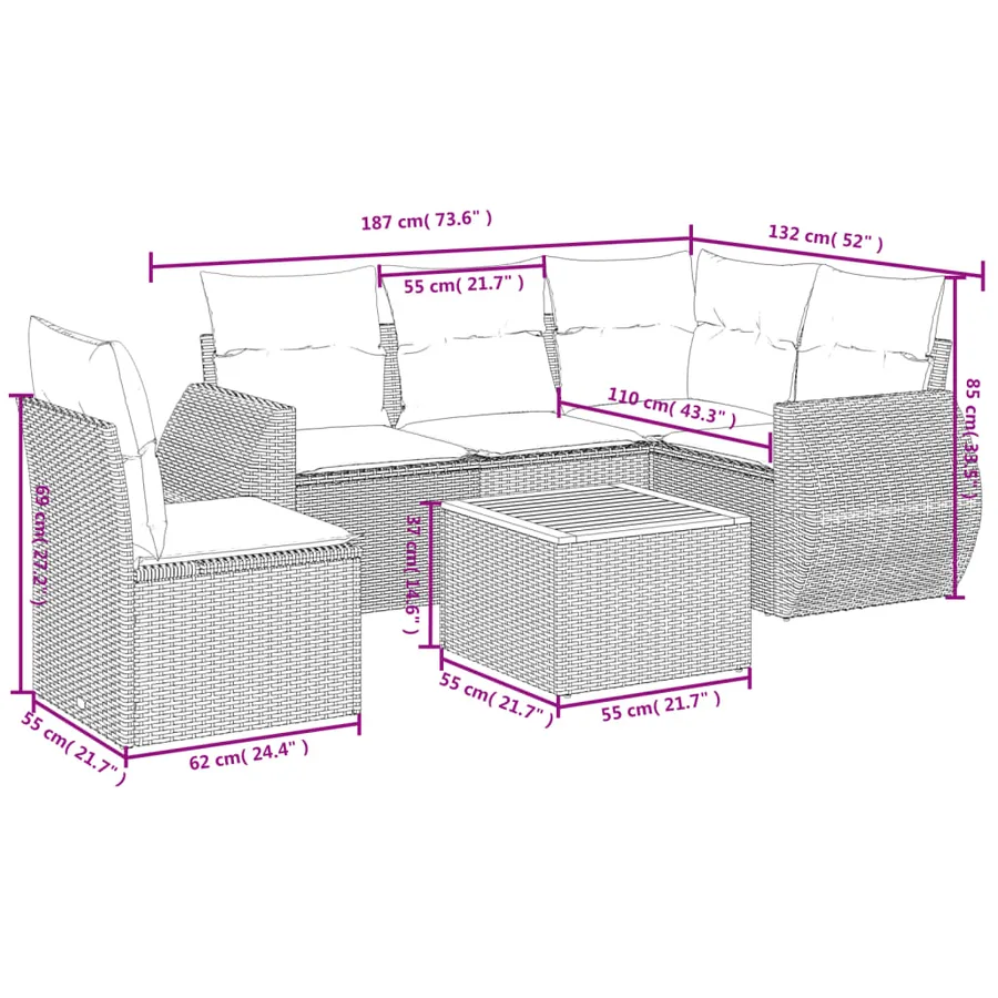 Salon de jardin 6 pcs avec coussins noir résine tressée - 8