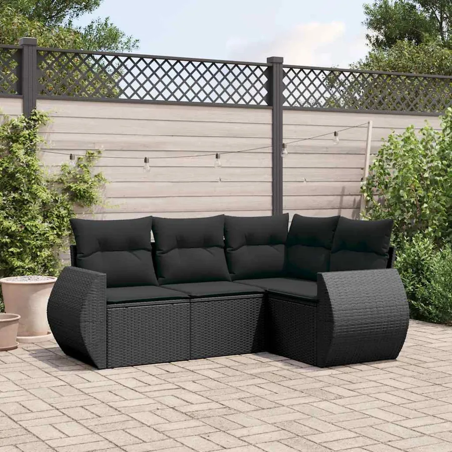 Salon de jardin 4 pcs avec coussins noir résine tressée