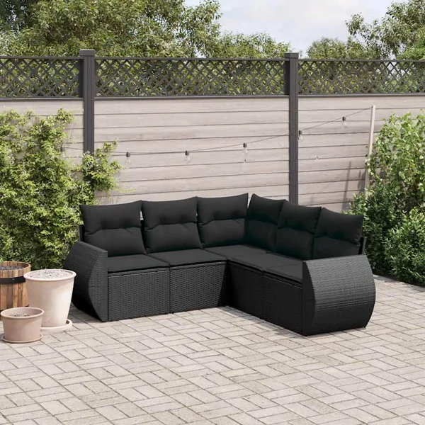 Salon de jardin 5 pcs avec coussins noir résine tressée