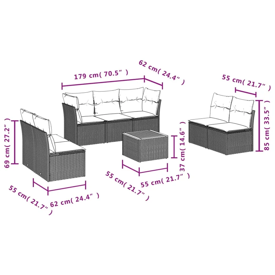 Salon de jardin 8 pcs avec coussins noir résine tressée - 3