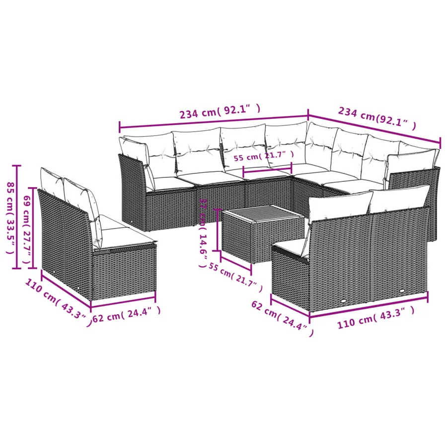 Salon de jardin 12 pcs avec coussins noir résine tressée - 3