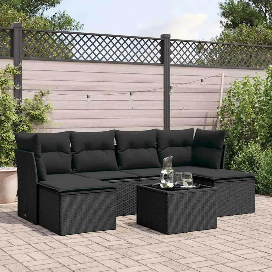 Salon de jardin 7 pcs avec coussins noir résine tressée 55 x 62 x 69 cm - 53,5 kg