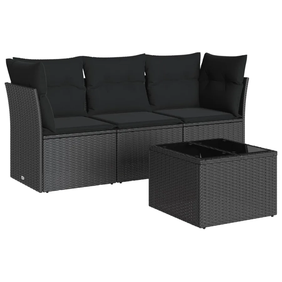 Salon de jardin 4 pcs avec coussins noir résine tressée - 2