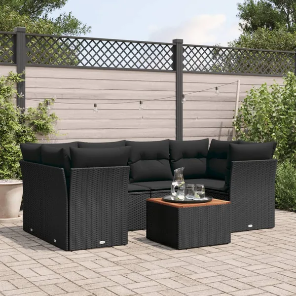 Salon de jardin 7 pcs avec coussins noir résine tressée 62 x 62 x 69 cm - 59,6 kg