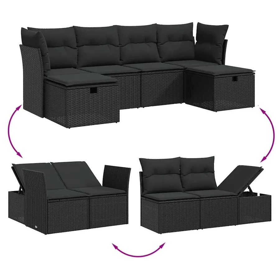 Salon de jardin 6 pcs avec coussins noir résine tressée - 3