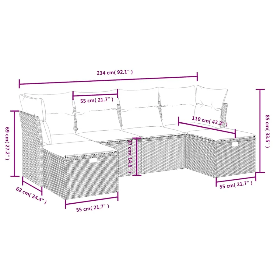 Salon de jardin 6 pcs avec coussins noir résine tressée - 4