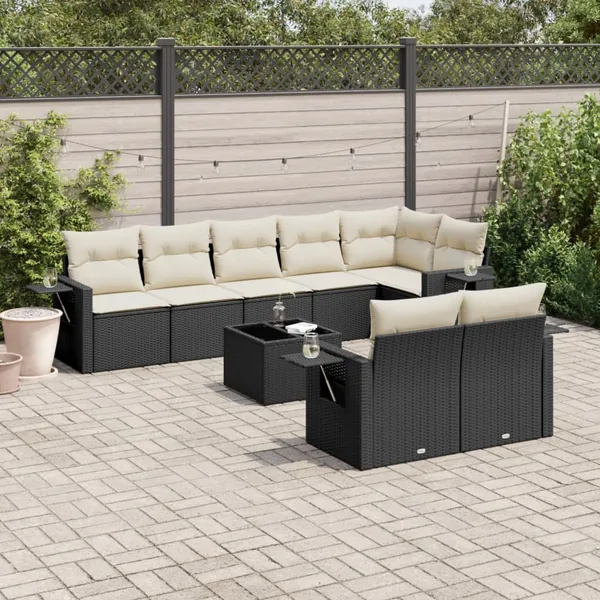 Salon de jardin 9 pcs avec coussins noir résine tressée
