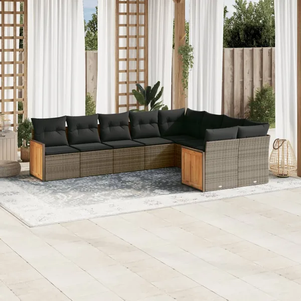 Salon de jardin 9 pcs avec coussins gris résine tressée
