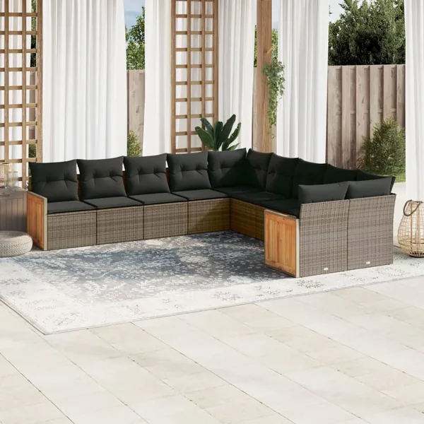Salon de jardin avec coussins 10 pcs gris résine tressée