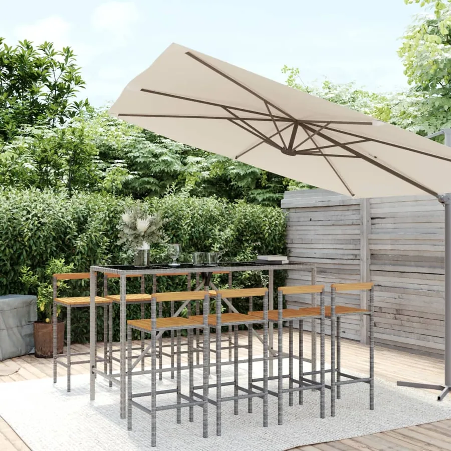 Ensemble de bar jardin 9 pcs gris poly rotin/bois massif acacia