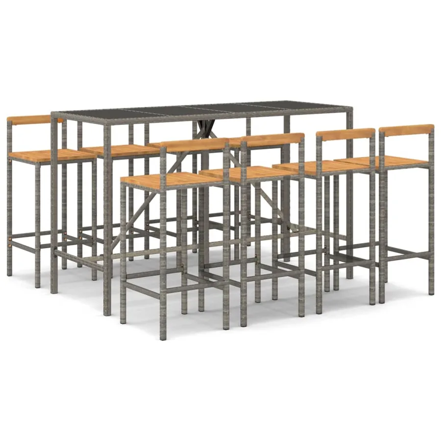 Ensemble de bar jardin 9 pcs gris poly rotin/bois massif acacia - 2