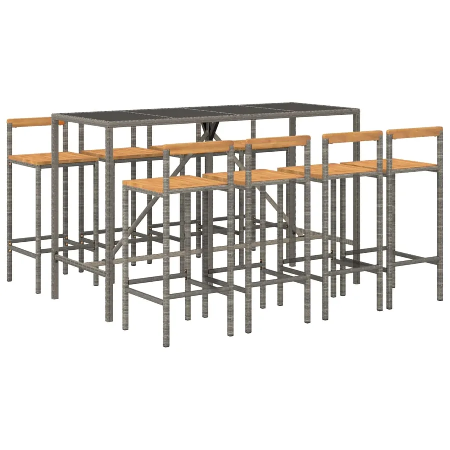Ensemble de bar jardin 9 pcs gris poly rotin/bois massif acacia - 3
