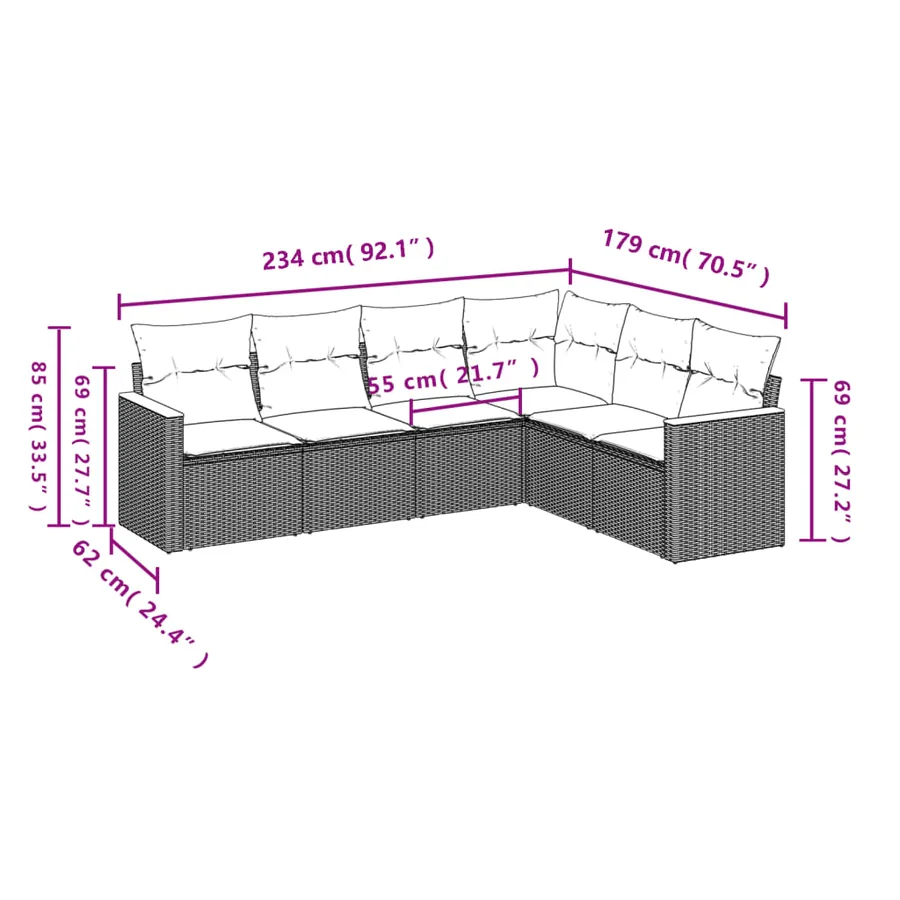 Salon de jardin 6 pcs avec coussins gris résine tressée - 7