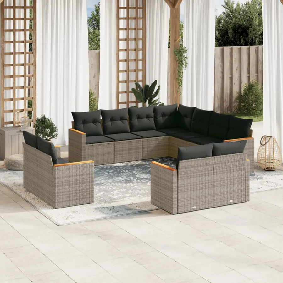 Salon de jardin 11 pcs avec coussins gris résine tressée