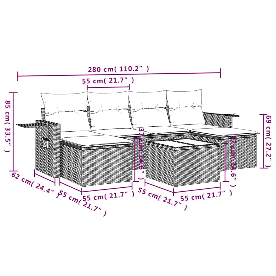 Salon de jardin 7 pcs avec coussins noir résine tressée 55 x 62 x 69 cm - 56,6 kg - 3