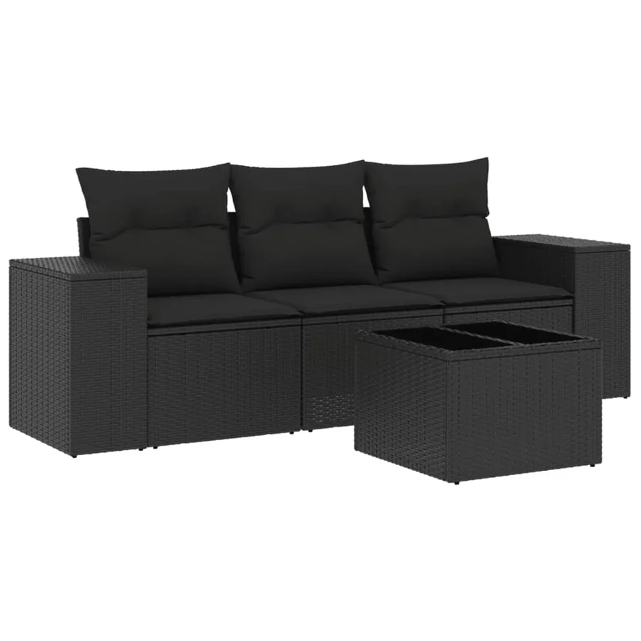Salon de jardin 4 pcs avec coussins noir résine tressée - 2