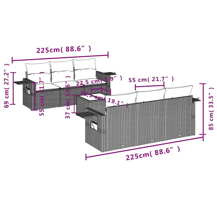 Salon de jardin 7 pcs avec coussins noir résine tressée 55 x 62 x 69 cm - 63,8 kg - 3