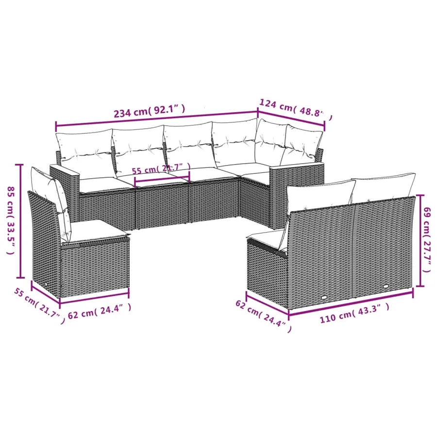 Salon de jardin 8 pcs avec coussins gris résine tressée - 7