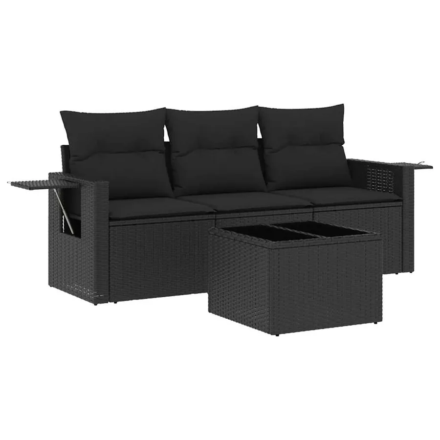 Salon de jardin 4 pcs avec coussins noir résine tressée - 2