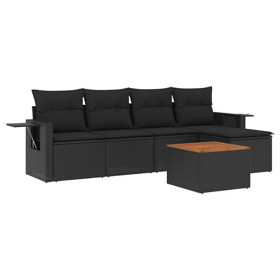Salon de jardin 6 pcs avec coussins noir résine tressée - 2