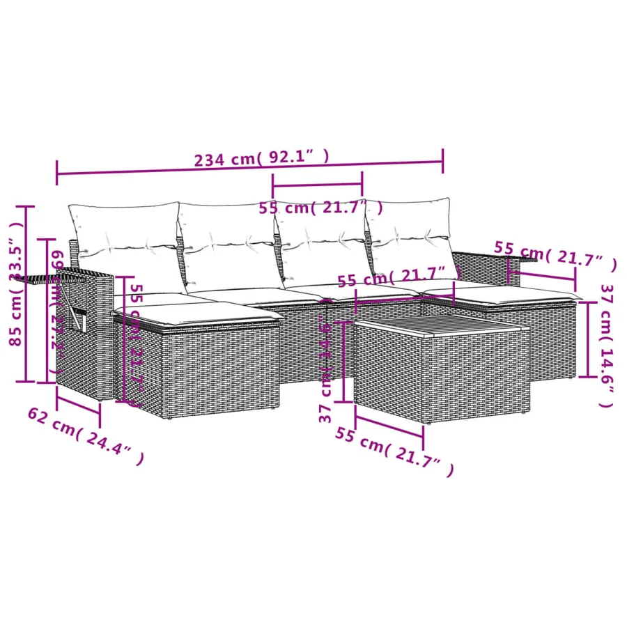 Salon de jardin 7 pcs avec coussins noir résine tressée 55 x 62 x 69 cm - 55,8 kg - 3