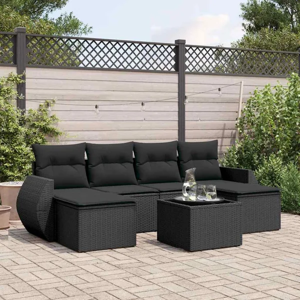 Salon de jardin 7 pcs avec coussins noir résine tressée 71 x 62 x 69 cm - 56,2 kg