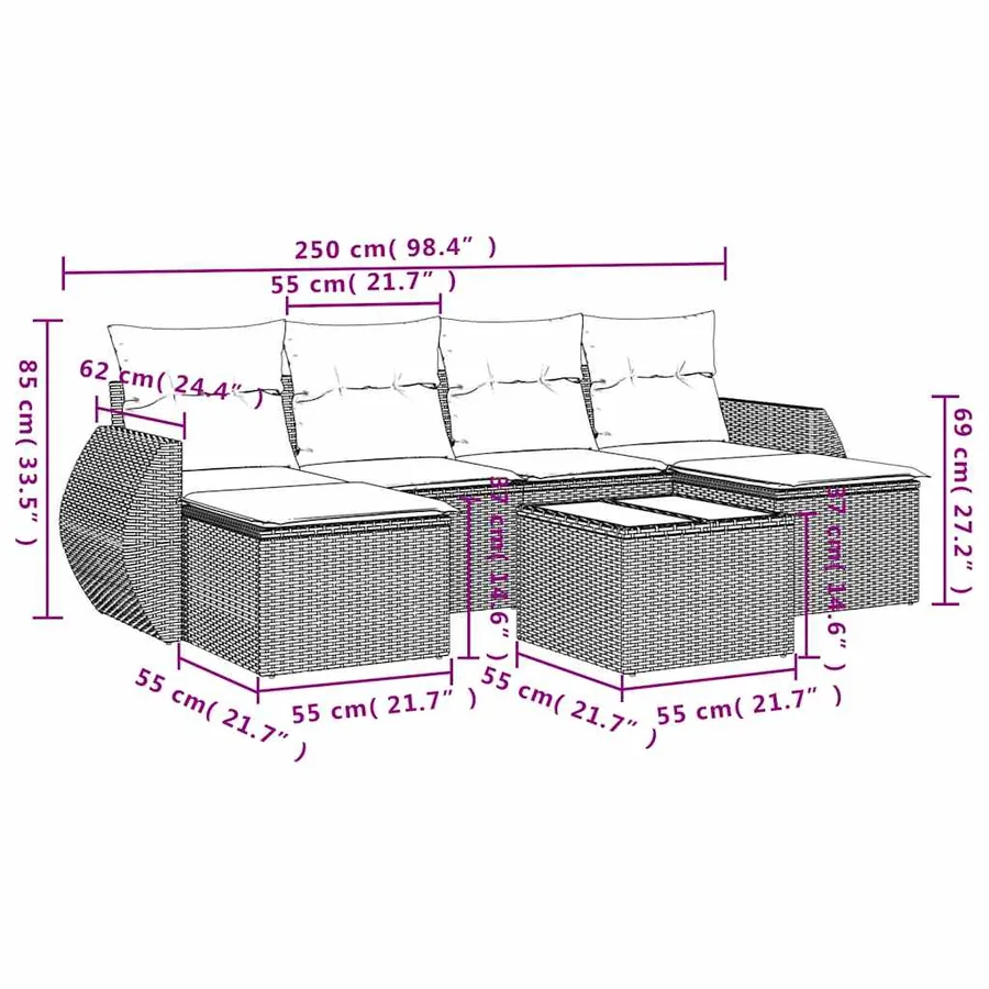 Salon de jardin 7 pcs avec coussins noir résine tressée 71 x 62 x 69 cm - 56,2 kg - 3