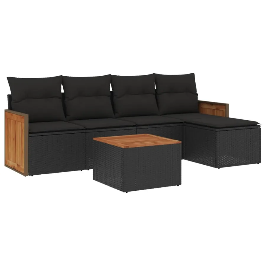 Salon de jardin 6 pcs avec coussins noir résine tressée - 2