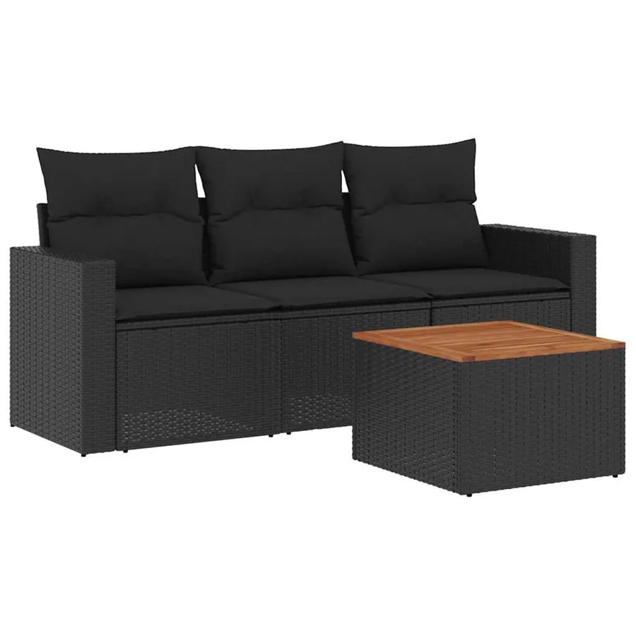 Salon de jardin 4 pcs avec coussins noir résine tressée - 2
