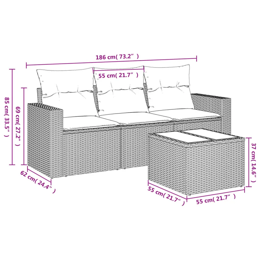 Salon de jardin 4 pcs avec coussins noir résine tressée - 3