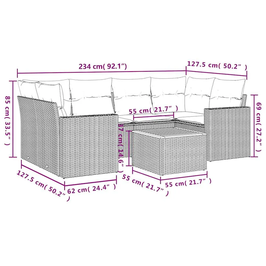 Salon de jardin 7 pcs avec coussins noir résine tressée 62 x 62 x 69 cm - 61,6 kg - 12