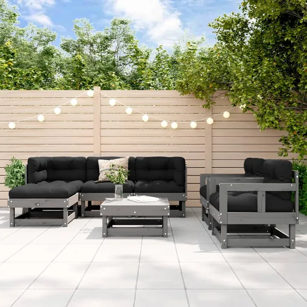 Salon de jardin 7 pcs Gris Bois de pin massif