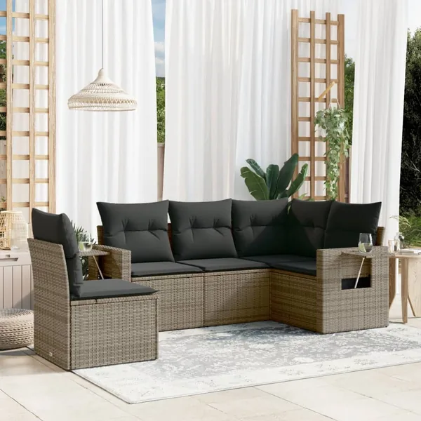 Salon de jardin 5 pcs avec coussins gris résine tressée