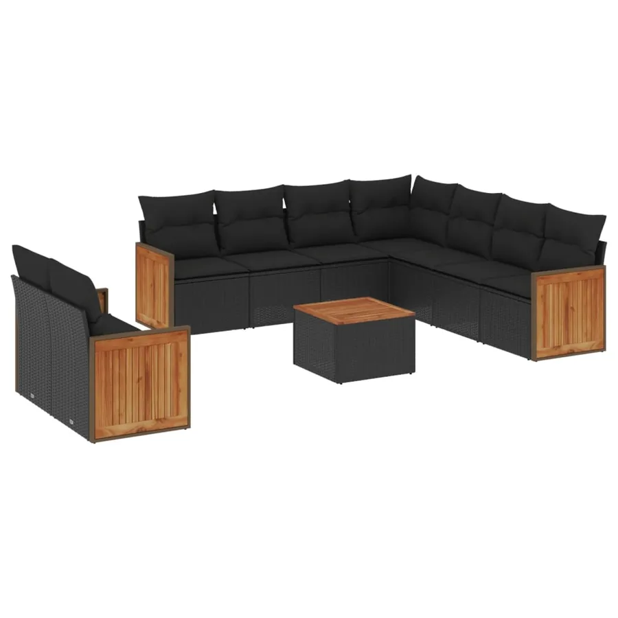 Salon de jardin 10 pcs avec coussins noir résine tressée - 2