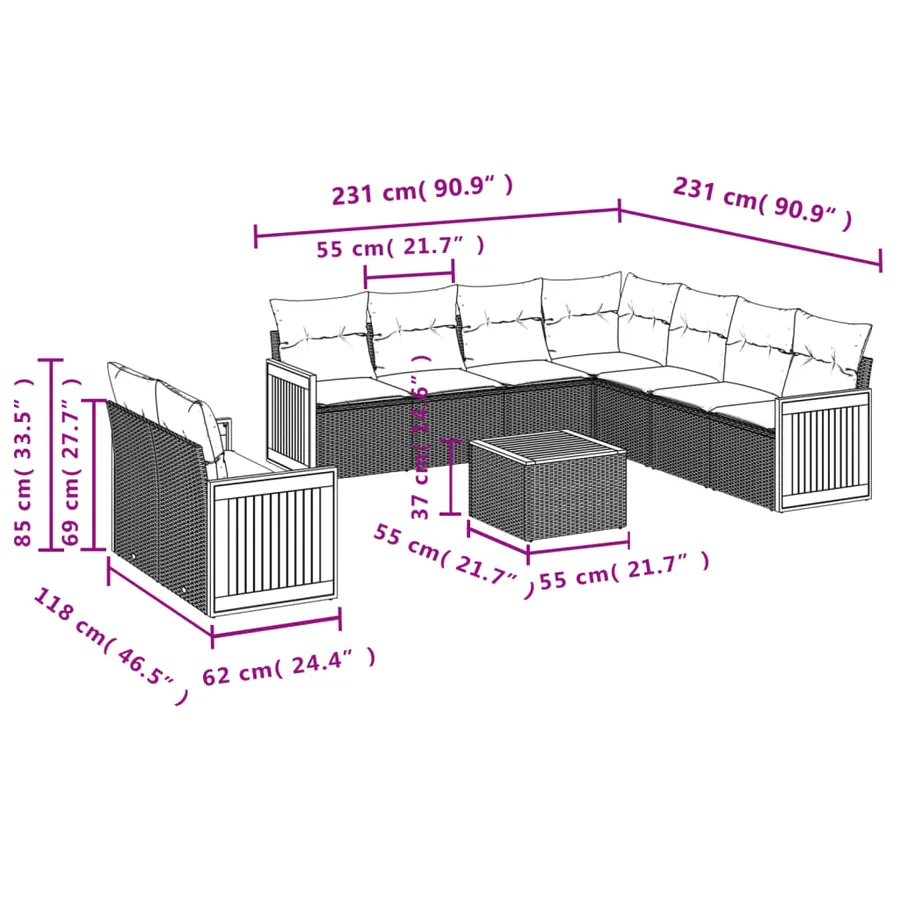 Salon de jardin 10 pcs avec coussins noir résine tressée - 8