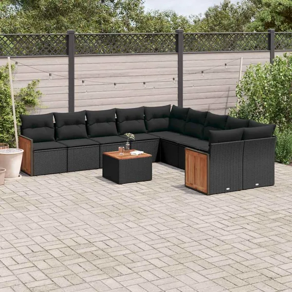 Salon de jardin 11 pcs avec coussins noir résine tressée