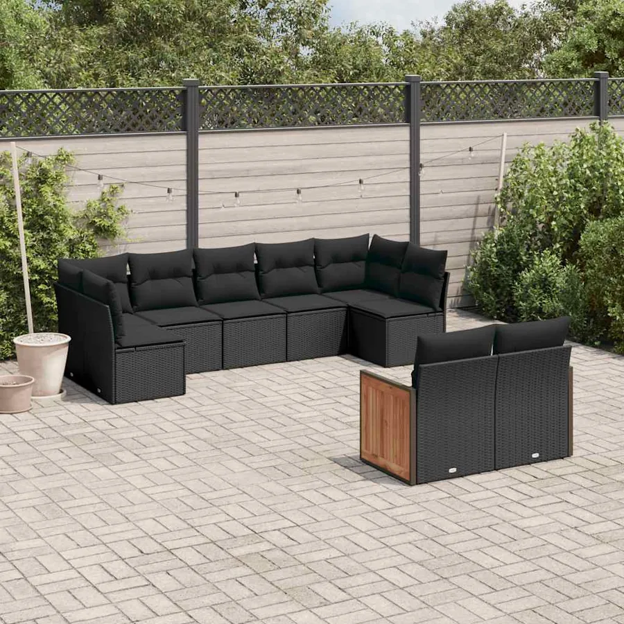 Salon de jardin 9 pcs avec coussins noir résine tressée