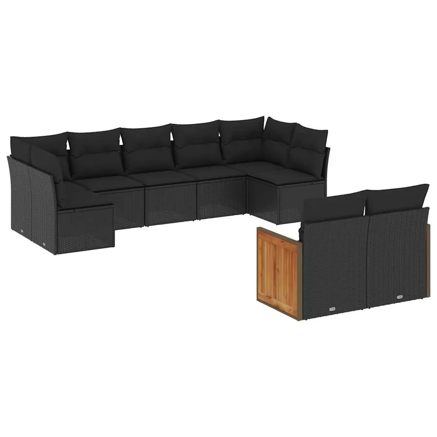 Salon de jardin 9 pcs avec coussins noir résine tressée - 2
